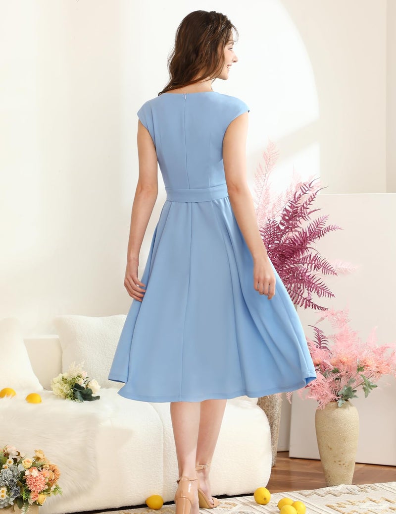 DRESSTELLS Cocktail Womens Dresses for Wedding Guest Semi Formal Spring Easter Summer Vintage Tea Party Modest Western Church Midi Dress Pastel Blue L - Image 4